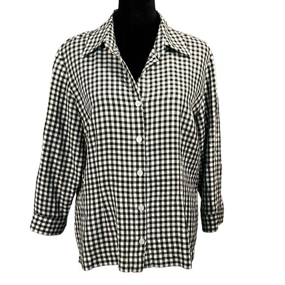 Liz Claiborne Petite 3/4 Sleeve Collared Button Up Top 12P Black & White Gingham - Picture 1 of 16